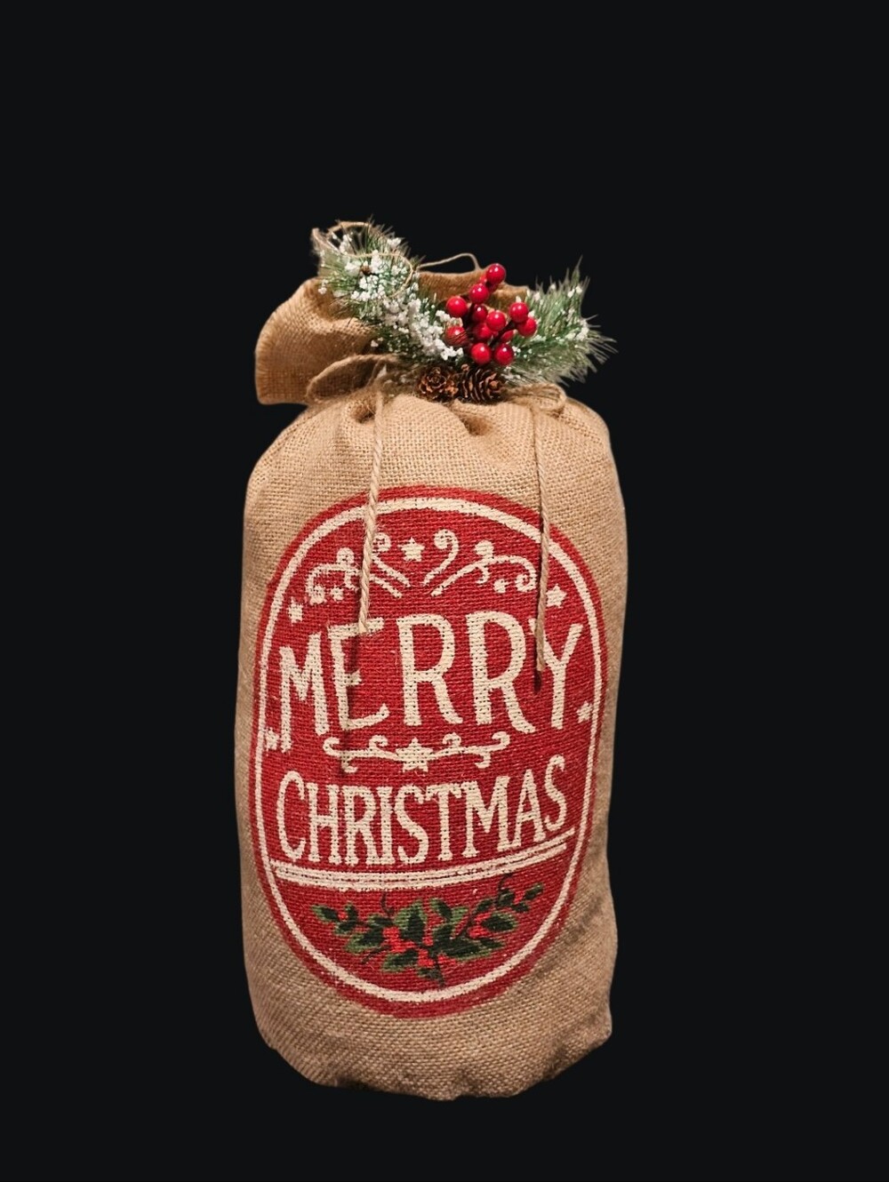 Rustic Burlap "Merry Christmas" Holiday Gift Sack - Red Accent